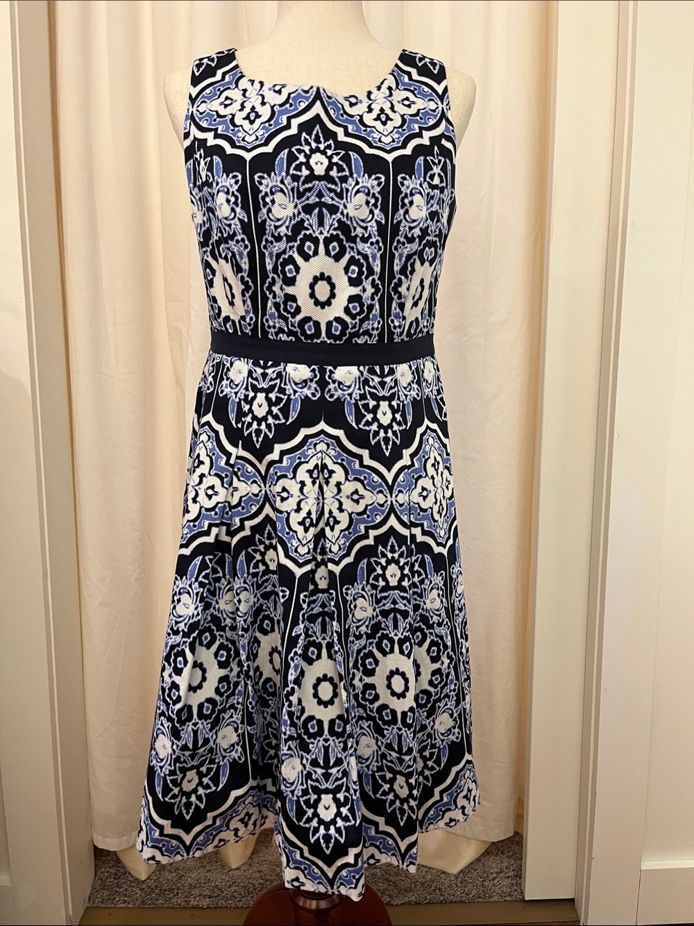 Talbots Navy, White & Light Blue Sleeveless Midi Fit-and-Flare Dress